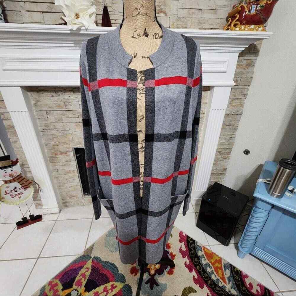 Tahari plaid windowpane red, Black, & Grey long cardigan sweater plus size 2X